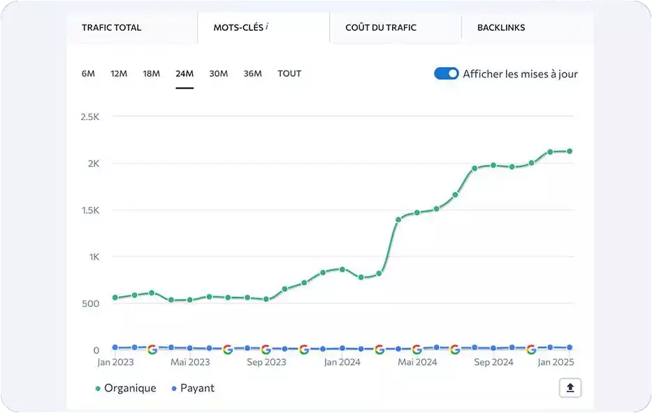 Graphique de l'évolution des mots clés site internet seo